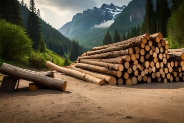 Forest pine and spruce trees. Log trunks pile, the logging timber wood industry. Wide banner or...