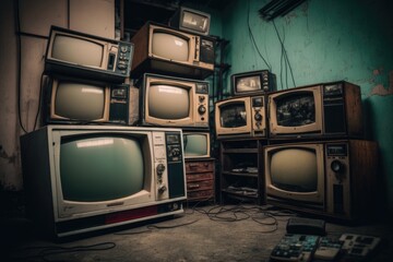 Retro TVs of various sizes are in an old abandoned room.