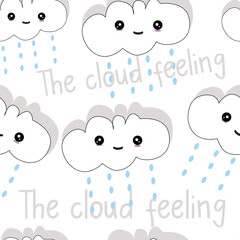 Cute clouds and rain drops seamless pattern for kids holidays. Cute baby shower vector background. Child drawing style rainy clouds in love vector illustration