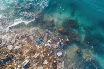 Fototapeta na wymiar aerial view of a polluted water ocean choked with plastic waste, plastic pollution on water