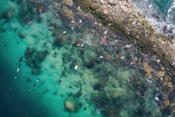 Fototapeta na wymiar From above, ocean choked with plastic waste, devastating water ecosystems and plastic pollution.
