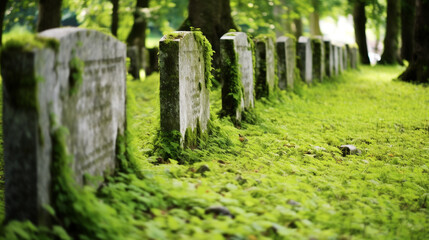 Generative AI, european cemetery, gravestones, stone tombstones, burial, green grass, funeral, flowers
