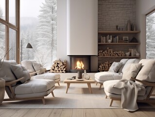 Modern bright living room with large cozy armchairs generative ai