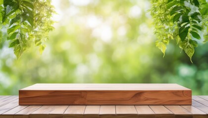 Empty Blank Brown Wooden Table Top Stand Platform Podium with Blurred Bokeh Green Foliage Leaves  View Background Backdrop Mockup For Product Presentation and Advertisement Natural Organic Healthy 