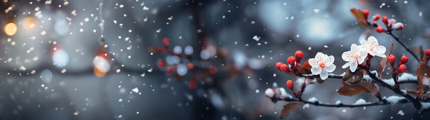 Winter Flowers Banner. Holiday Festive Widescreen Blurry Background. Generative AI.