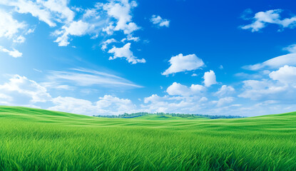 Fototapeta premium Field of green fresh grass under blue sky
