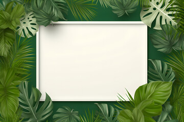 Blank paper over exotic tropical green plants. Greetang card, advertising 
