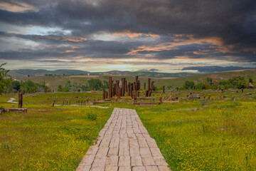 Ancient cemetery of Selcuk Turks, Ahlat, Turkey. Tombstone monuments to soldiers Seljuks who died in the battle of Malazgirt. UNESCO World Heritage Tentative List