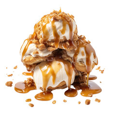 Caramelized walnut and maple syrup ice cream scoops with caramel sauce and cookie crumbs, top view on transparent backround. - obrazy, fototapety, plakaty