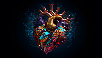 Electronic heart 3D design. Art in the style of cyberpunk dystopia, richly detailed backgrounds