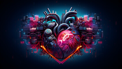 Electronic heart 3D design. Art in the style of cyberpunk dystopia, richly detailed backgrounds