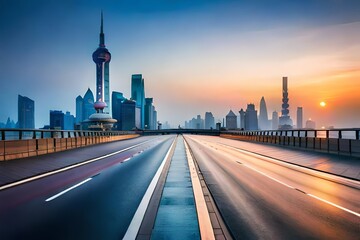 Fototapeta premium Asphalt road and wall with city skyline at night in Shanghai, China.AI generated