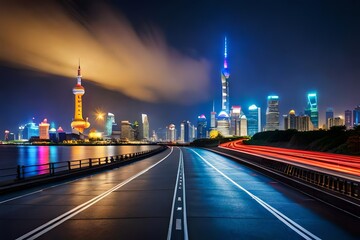 Asphalt road and wall with city skyline at night in Shanghai, China.AI generated