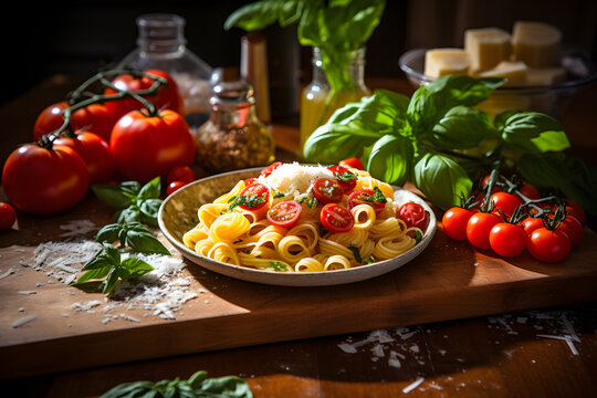 Italian pasta with mushrooms and tomatoes photo