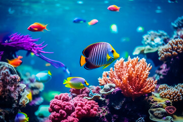 Tropical sea underwater fishes on coral reef. Aquarium oceanarium wildlife colorful marine panorama landscape nature snorkeling diving