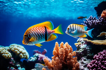 Naklejka na ściany i meble Tropical sea underwater fishes on coral reef. Aquarium oceanarium wildlife colorful marine panorama landscape nature snorkeling diving