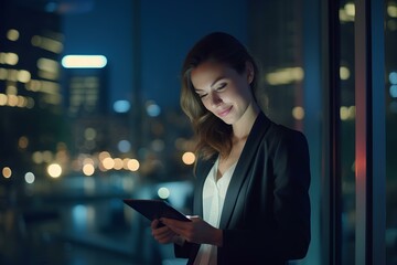 Female entrepreneur using a tablet in her office at night. night view background of the colorful city of the metropolitan city through a large glass window. generative AI