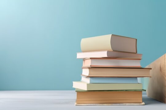 Many books on a wooden table and a pastel blue backgroung