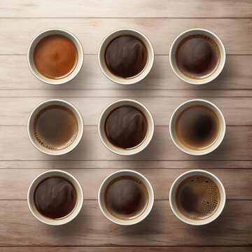The view from above of several cups of coffee of various varieties being served. Against the background of textured and patterned surfaces.
