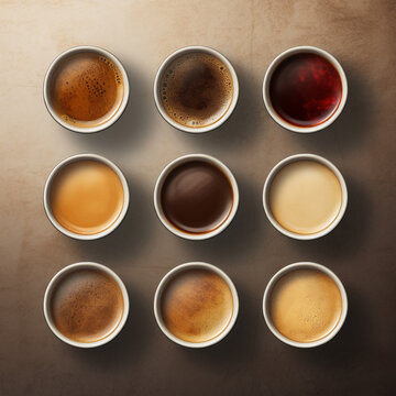 The view from above of several cups of coffee of various varieties being served. Against the background of textured and patterned surfaces.
