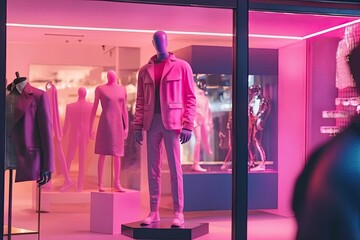 A mannequin in a pink clothes stands in the window of a clothing store. Men's suit and shirt. Generative Ai