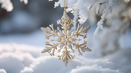 Gold snowflake hangs among white snow