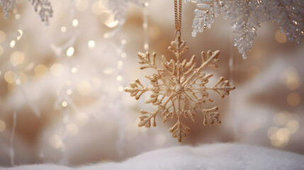 Gold snowflake hangs among white snow