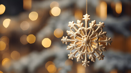 Fototapeta premium Gold snowflake hangs among white snow