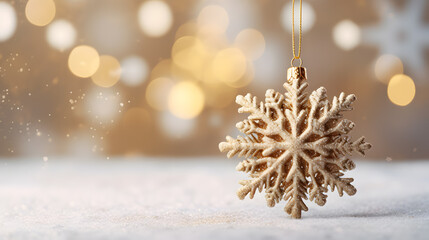 Gold snowflake hangs among white snow