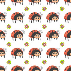 Seamless Pattern Abstract Elements Different Ladybug Insect Beetle With Flower Vector Design Style Background Illustration Texture For Prints Textiles, Clothing, Gift Wrap, Wallpaper, Pastel