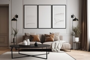 Fototapeta na wymiar Mockup frame in Scandinavian living room interior background, AI generated
