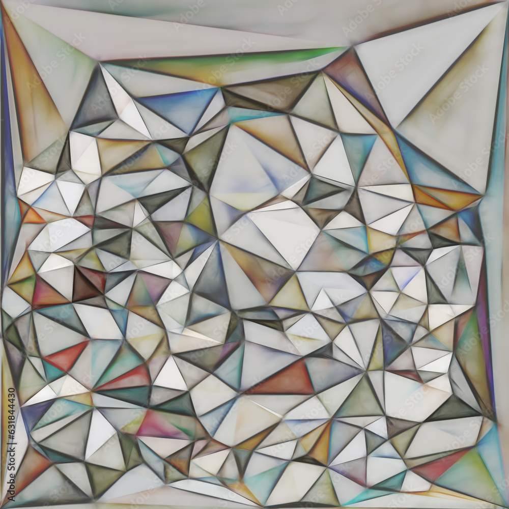 Poster glowing cubist triangular mosaic in many colours on a grey and beige background