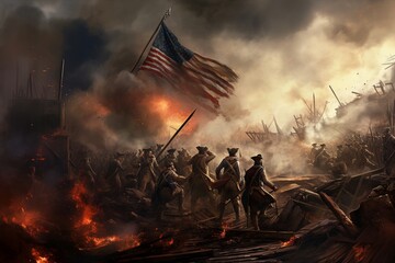 Defiant Flag at Bunker Hill: Valor Amidst War's Smoke.