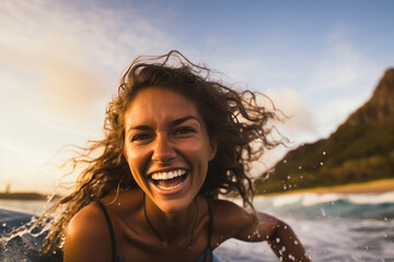 Generative AI picture young woman wanderer wearing biking ocean bay enjoying making selfies swimming surfing catch wave