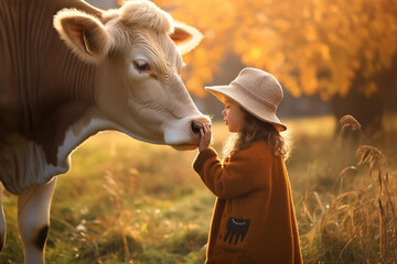 Artwork magazine imagination picture of cute adorable little lady pet cow made with generative ai visual effect