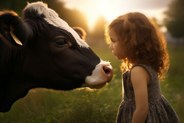 Photo artwork develop picture of charming little lady having cow friend enjoying sunset made with generative ai visual effect