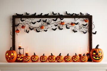 Mantel with frame, Bats and Pumpkins, Halloween decoration concept, generative ai