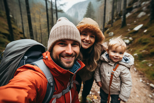 Generative AI picture of amazing young family three members traveling together mom dad son daughter hiking winter woods