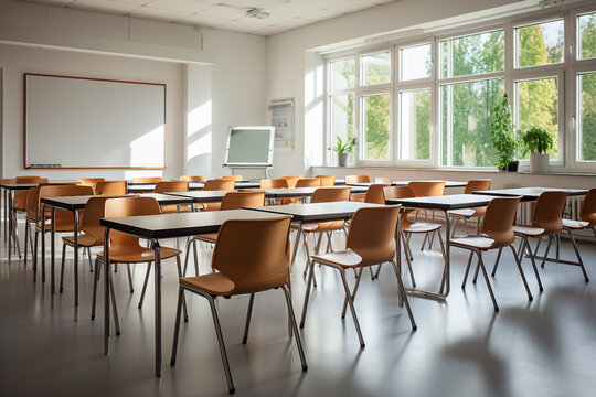 Generative Ai Picture Collage Of Empty Classroom Without Teacher Students With School Table Chair For Teaching