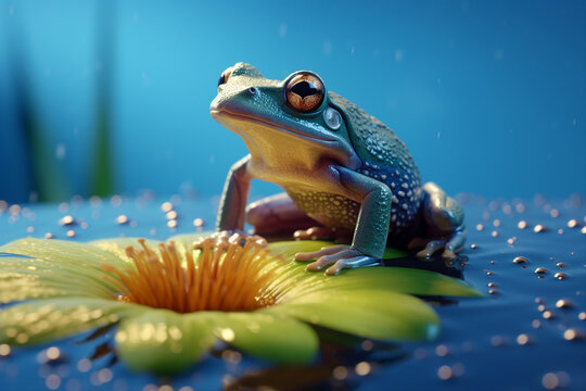 Artwork magazine imagination picture of blue frog sitting water flower made with generative ai visual effect