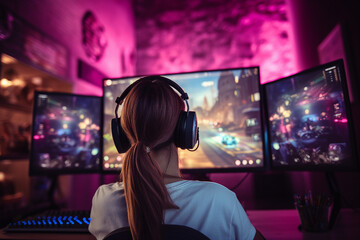 Generative ai photo collage of professional teen girl gamer playing using computer winning cyber championship