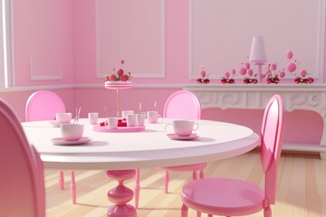 Pink dollhouse. Dining room interior in miniature. Small cute table and chairs. Crockery and toy food. Generative Ai