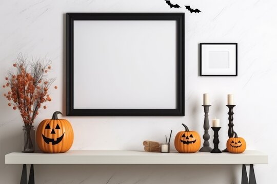 empty frame on white wall, table with halloween decorations, generative ai