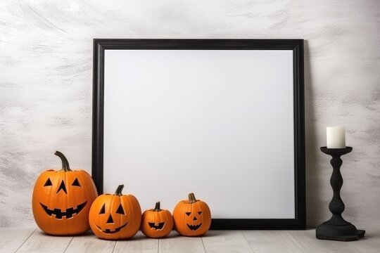 halloween decorations and blank frame on white wall background, generative ai
