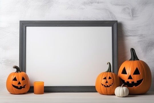Pumpkins, candles and blank frame on white wall background, generative AI