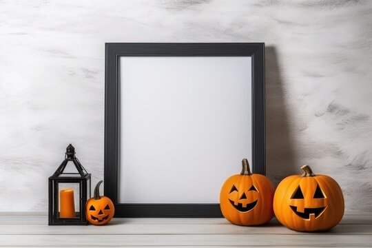 Pumpkins, candles and blank frame on white wall background, generative AI