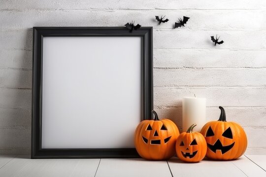 Pumpkins, candles and blank frame on white wall background, generative AI