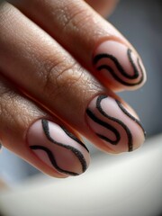 Vertical closeup shot of fingers with a trendy pastel-colored gel nail polish.