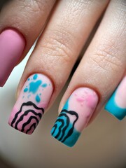 Vertical closeup shot of fingers with a trendy pink and blue gel nail polish.