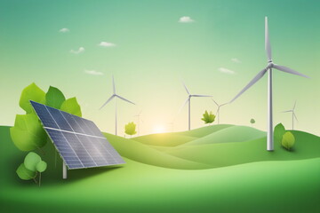 Obraz premium Eine Collage von erneuerbaren Energien besonders Sonne und Wind in den Farben grün und gelb.